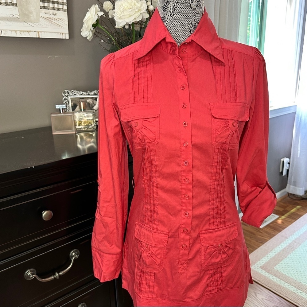 Bebe Utility Tunic Shirt Belle Pink Button-Front Stretch Poplin Blouse Size S - Picture 4 of 14